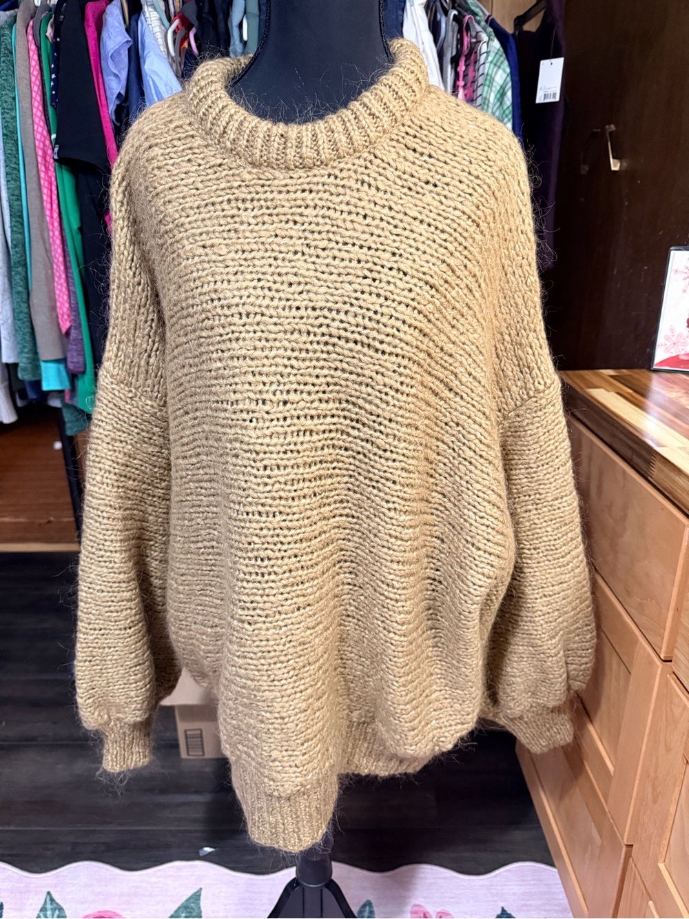 Zara knit oversized crewneck sweater puffy sleeve fall flannel cozy collegiate M